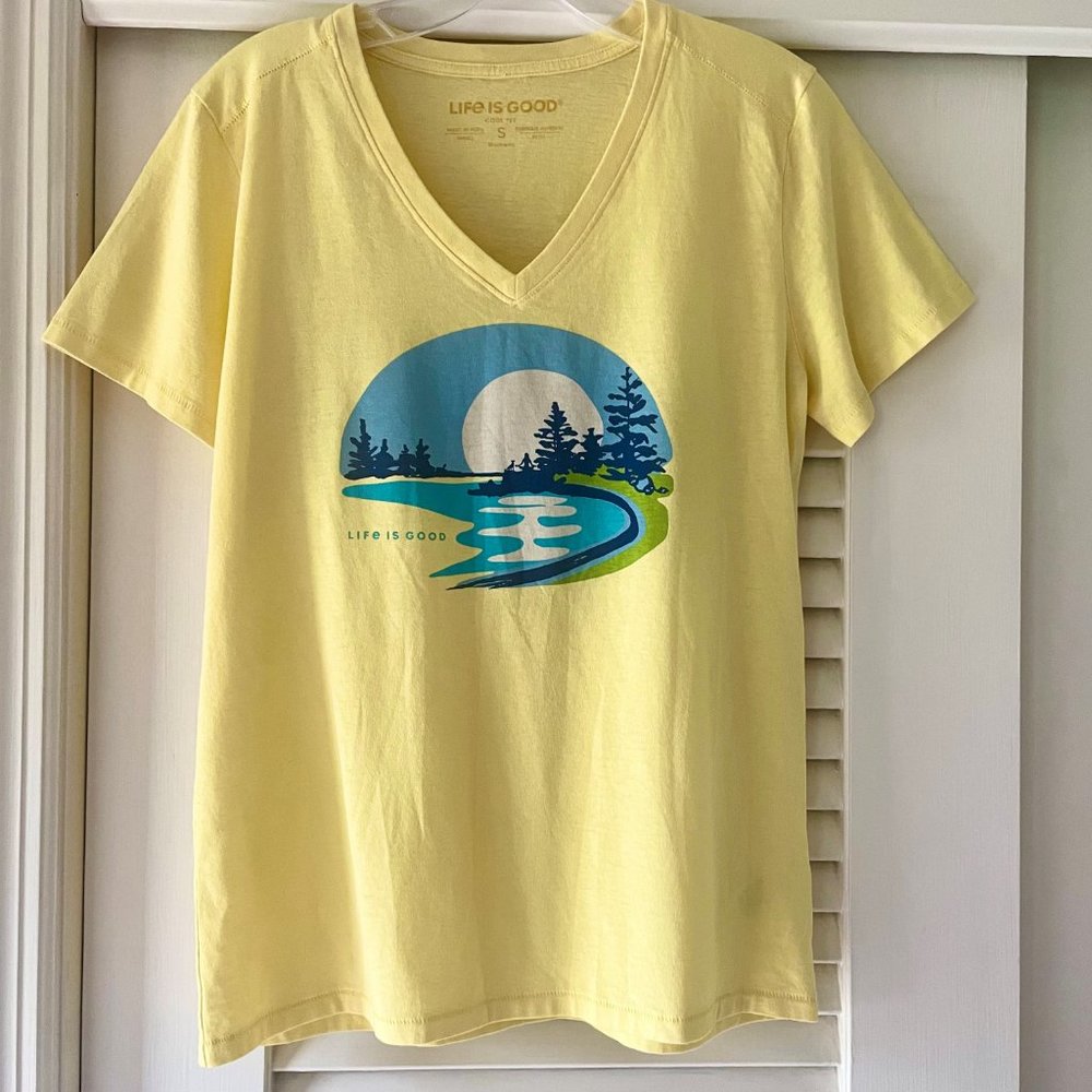 Life Is Good Cool Tee Short Sleeve V Neck Top Yellow Outdoor Yoga/Dog